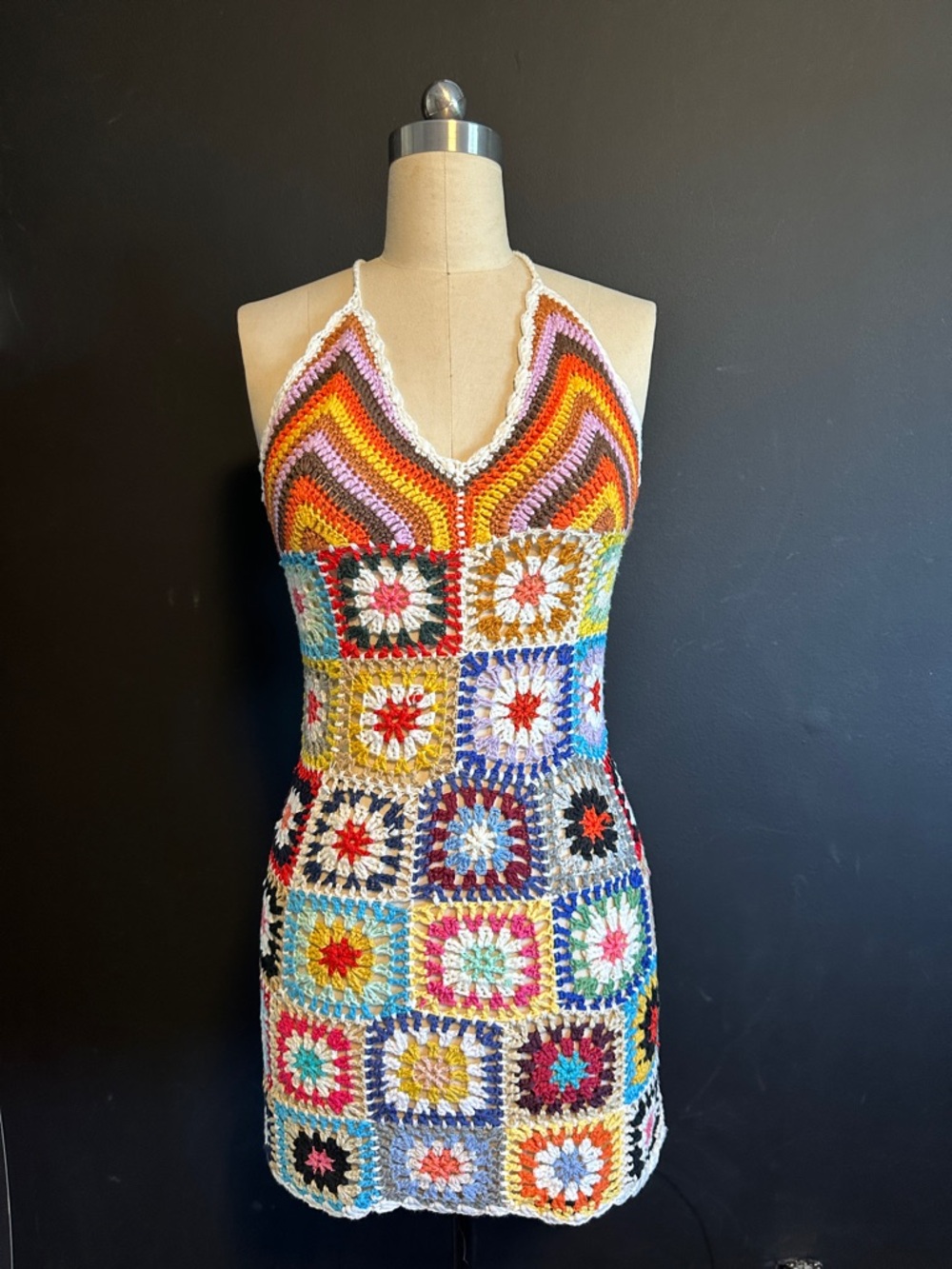 Boohoo Multicolor Crochet Halter Mini Dress